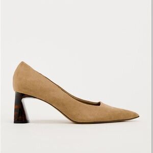 Tan suede pumps with tortoise heel
